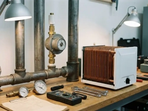 Industrial thermostat mounted on heavy steel pipes beside a residential heating unit, with calibration tools and temperature gauges on a workbench.