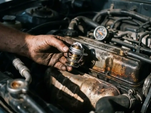Mechanic's grease-stained hand holding a car thermostat near an engine bay with coolant hoses visible in the background.
