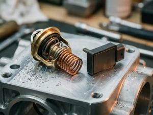 Disassembled mechanical thermostat with coiled wax element beside an electronic thermal sensor on a machined aluminum engine component with metal shavings.