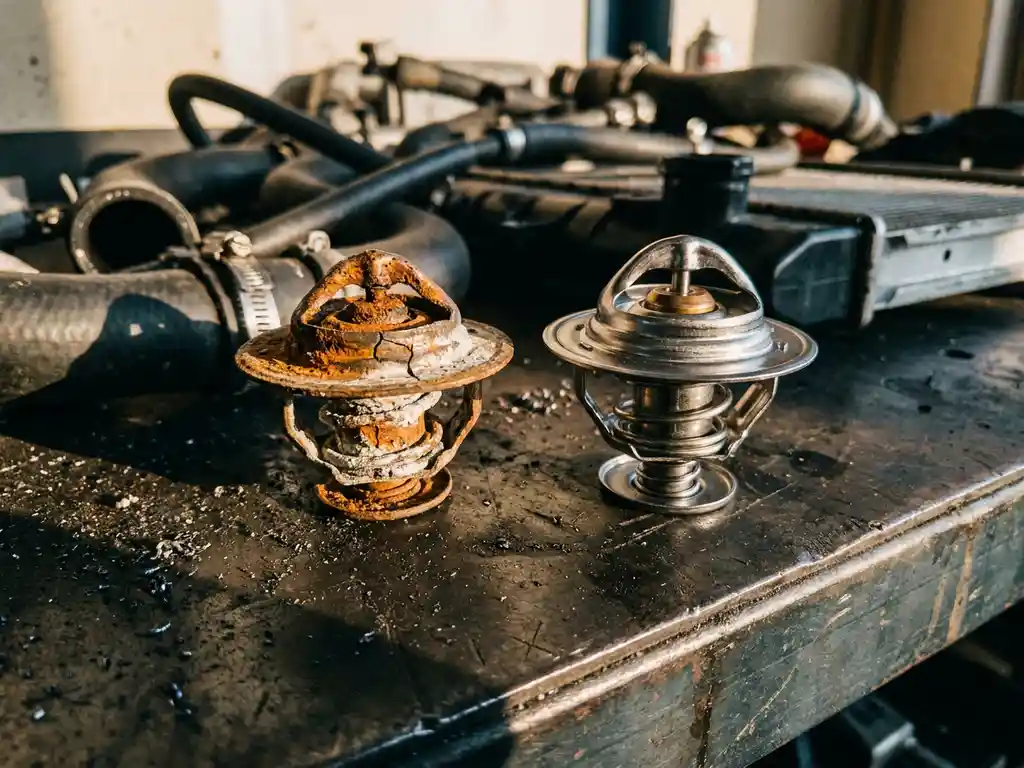 Corroded automotive thermostat valve with mineral deposits next to a new replacement part on a grease-stained workshop surface.