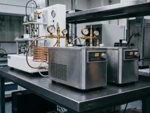 Two precision thermostats on a steel lab bench, one connected to copper tubing and temperature gauges, with condensation on metal surfaces.