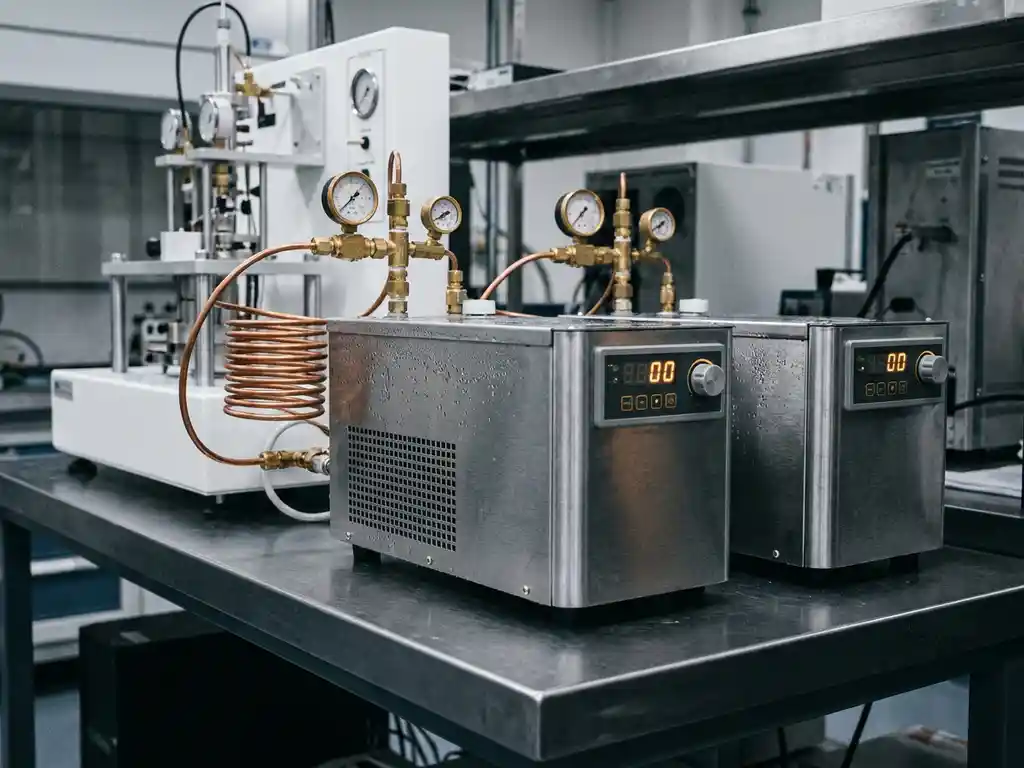 Two precision thermostats on a steel lab bench, one connected to copper tubing and temperature gauges, with condensation on metal surfaces.