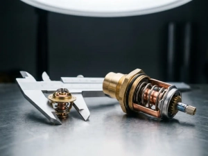 Precision thermostat component held in caliper jaws beside a larger thermostat valve, showing brass and copper internal mechanisms on a steel workbench.