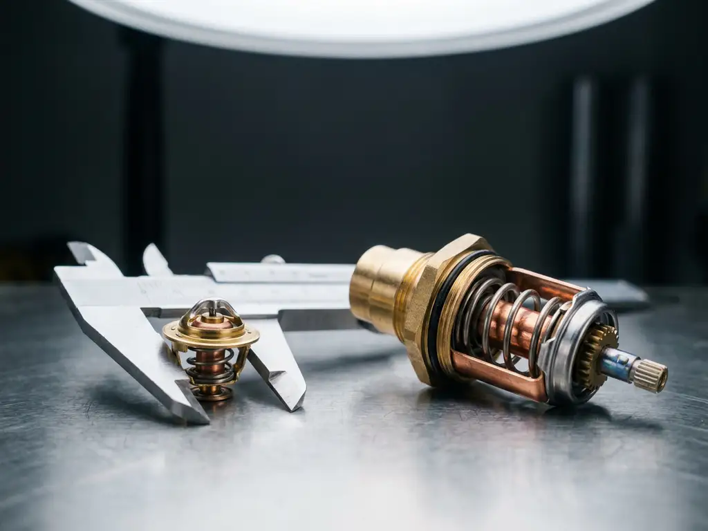 Precision thermostat component held in caliper jaws beside a larger thermostat valve, showing brass and copper internal mechanisms on a steel workbench.