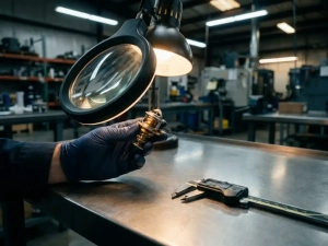 Gloved hand examining a precision thermostat component under a magnifying glass, with micro-measurement calipers on a steel workbench.