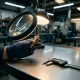 Gloved hand examining a precision thermostat component under a magnifying glass, with micro-measurement calipers on a steel workbench.