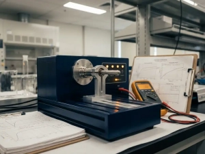 Precision thermostat component mounted in a laboratory test rig beside calibrated measurement instruments and technical data sheets.