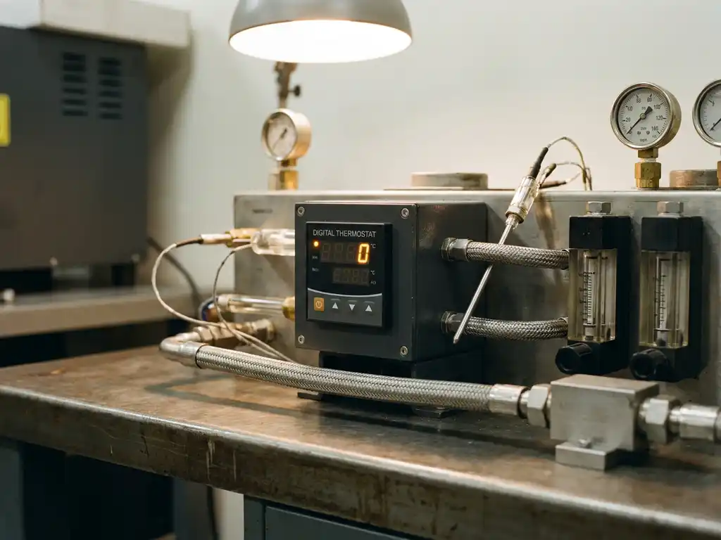Precision thermostat mounted in a laboratory test rig with calibrated temperature probes, pressure gauges, and fluid flow meters on a steel workbench.