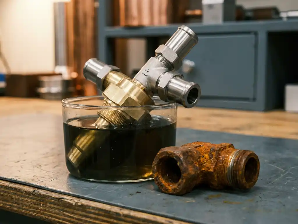 Precision thermostat with brass and stainless steel fittings half-submerged in dark industrial coolant, corroded sacrificial iron fitting alongside.