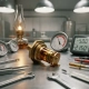 Disassembled precision thermostat with machined brass wax element on stainless steel workbench, surrounded by calibration tools and temperature gauges.