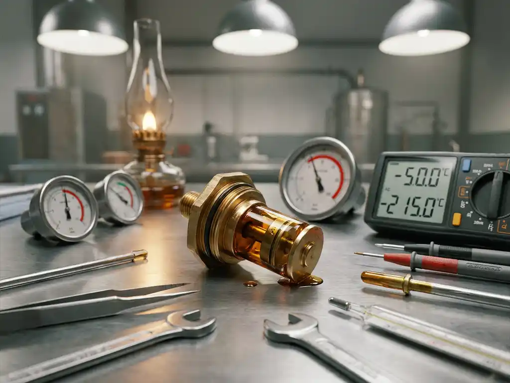 Disassembled precision thermostat with machined brass wax element on stainless steel workbench, surrounded by calibration tools and temperature gauges.