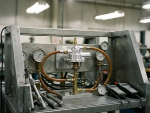 Precision thermostat component mounted in an open industrial test bench with fluid hoses, temperature gauges, and calibration instruments.