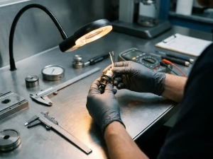 Gloved technician inspecting a precision thermostat component under amber inspection lamp on steel workbench with calibration gauges nearby.