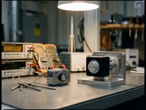 Two thermostats on a precision engineering workbench, one connected to calibration instruments with sensor probes, under focused laboratory lighting.