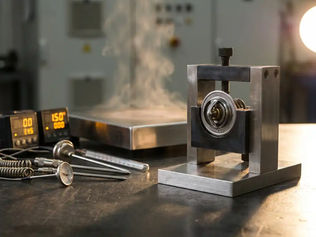Precision thermostat component clamped in a stainless steel testing fixture, surrounded by temperature calibration instruments and measurement probes.