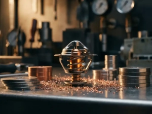 Precision-machined thermostat component cross-section on polished metal workbench, surrounded by copper shavings and heat-conducting alloy discs, warm amber glow at core.