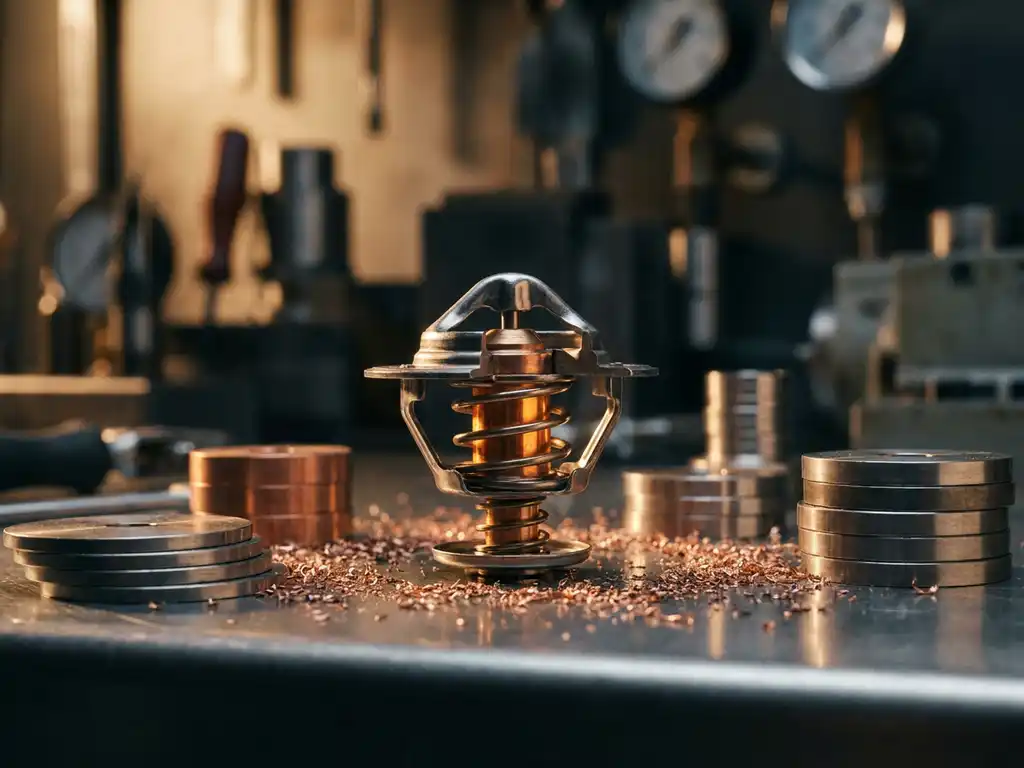 Precision-machined thermostat component cross-section on polished metal workbench, surrounded by copper shavings and heat-conducting alloy discs, warm amber glow at core.