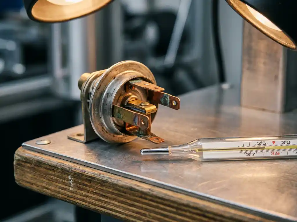 Precision thermostat component with oxidized metal electrical contacts on an industrial test bench, calibration thermometer visible nearby.