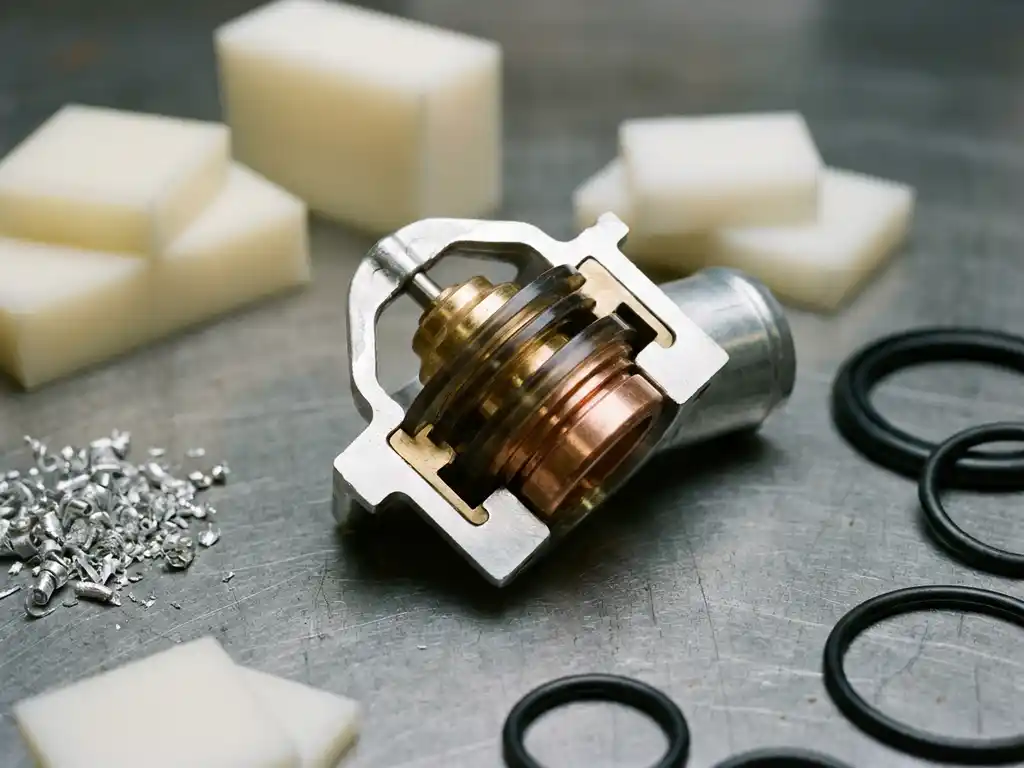 Thermostat housing split open on steel workbench, exposing brass and polymer layers beside aluminum chips and rubber seals under studio lighting.