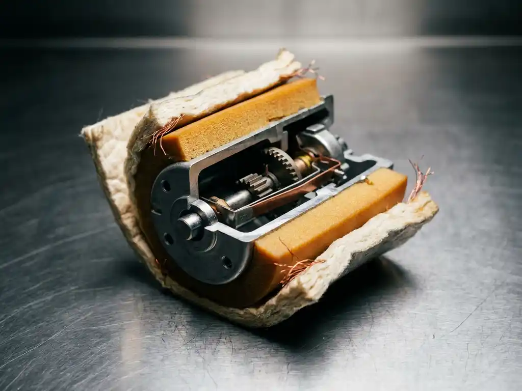 Precision thermostat component wrapped in ceramic fiber and polymer foam insulation, cross-section exposing copper wiring and metal housing on a stainless steel workbench.