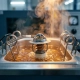 Precision thermostat component submerged in a thermal test bath with temperature probes, steam rising from heated coolant in an industrial testing chamber.