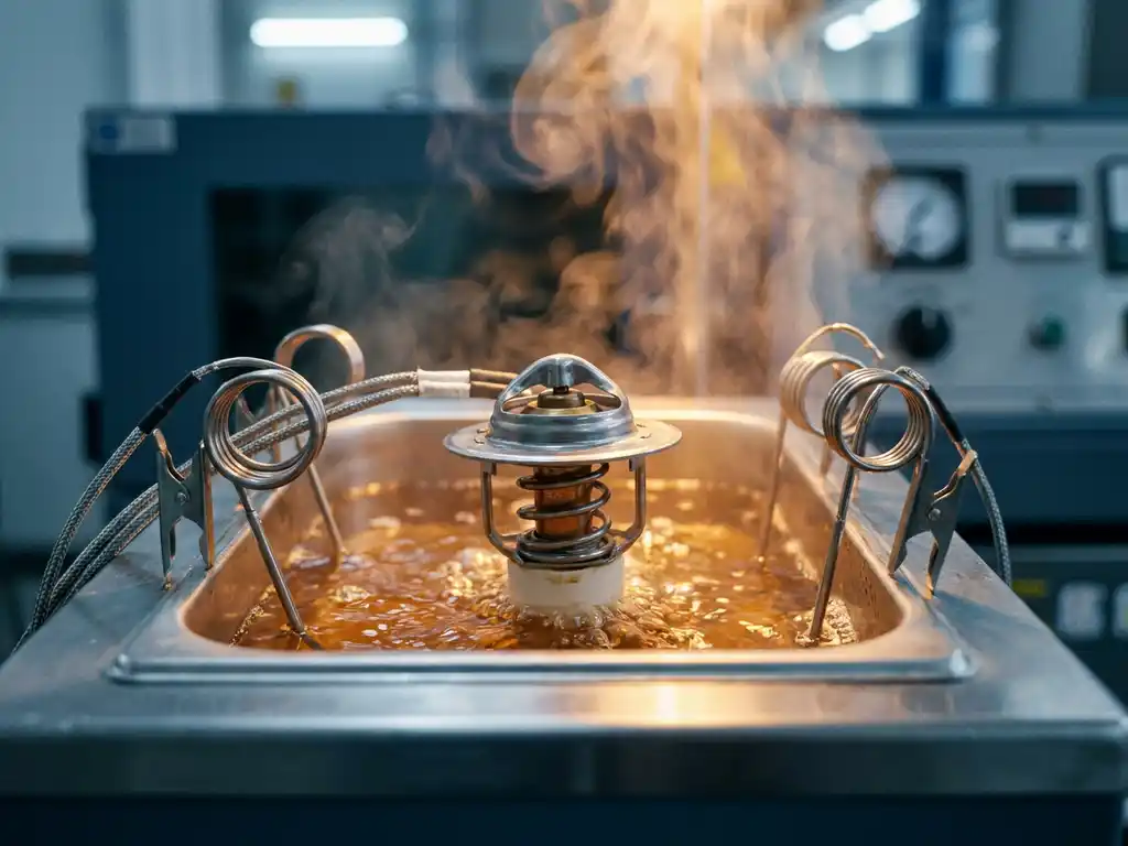 Precision thermostat component submerged in a thermal test bath with temperature probes, steam rising from heated coolant in an industrial testing chamber.