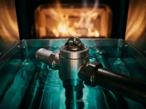 Precision thermostat valve submerged in flowing blue-green engine coolant with amber heat radiating from a blurred combustion chamber behind it.