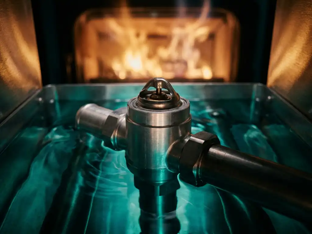 Precision thermostat valve submerged in flowing blue-green engine coolant with amber heat radiating from a blurred combustion chamber behind it.