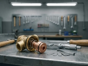 Thermostat valve mid-disassembly showing wax element and brass housing beside calibration tools and micrometer on a stainless steel workbench.