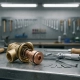 Thermostat valve mid-disassembly showing wax element and brass housing beside calibration tools and micrometer on a stainless steel workbench.