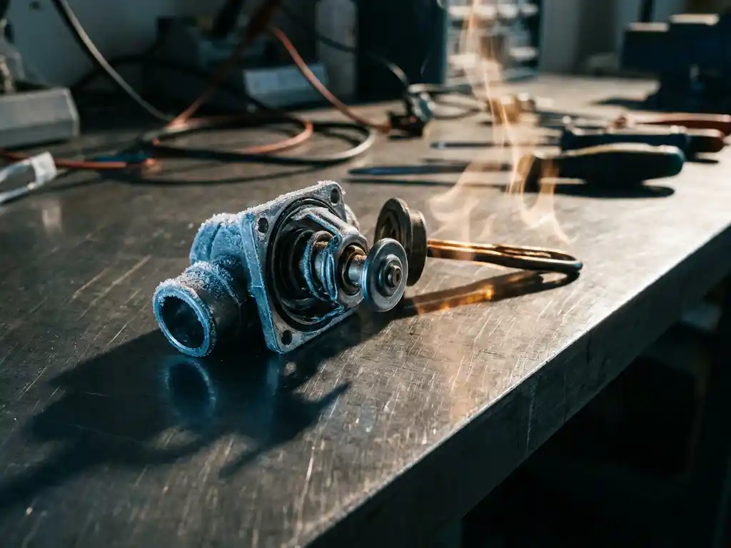 Precision thermostat valve split open on brushed steel workbench, frost crystals beside heat shimmer, industrial lab setting with dramatic side lighting.