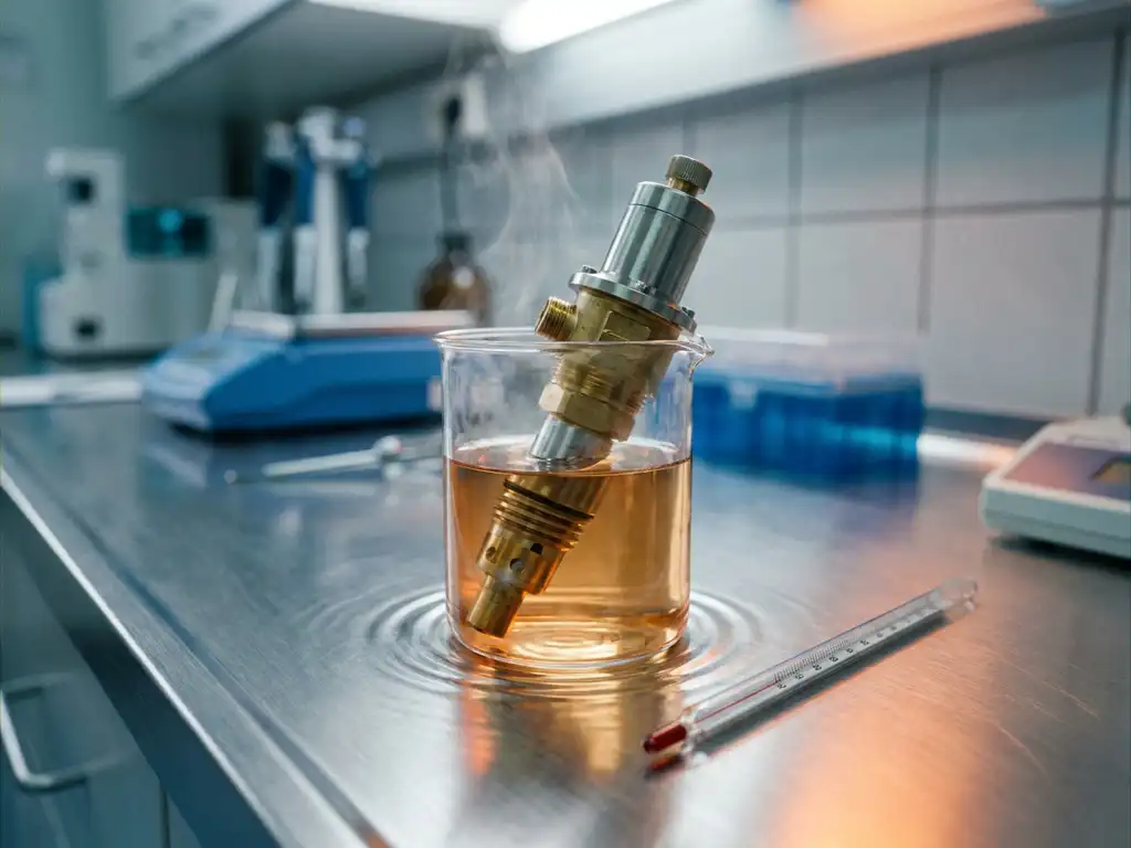Precision thermostat valve submerged in heated water inside a glass beaker, with a calibrated thermometer alongside on a laboratory workbench.