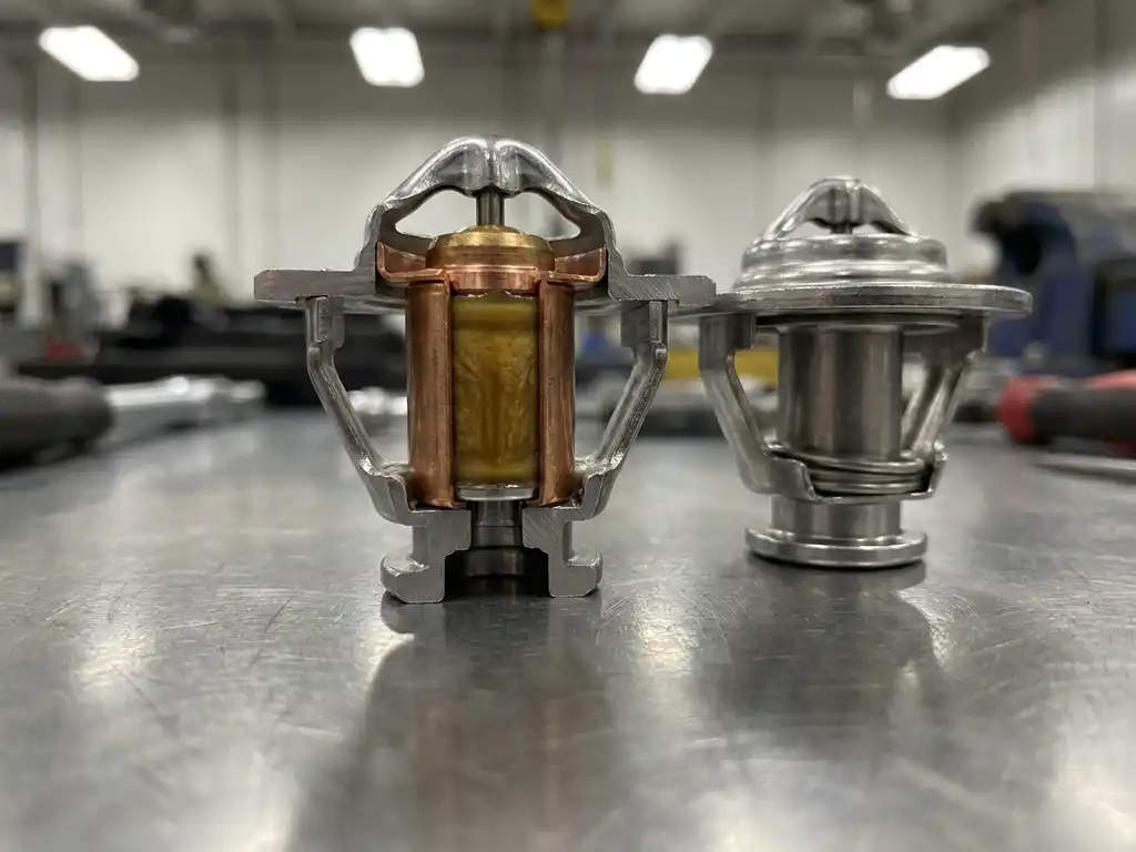 Disassembled thermostat valve revealing internal wax element and copper housing beside intact component on steel workshop surface.