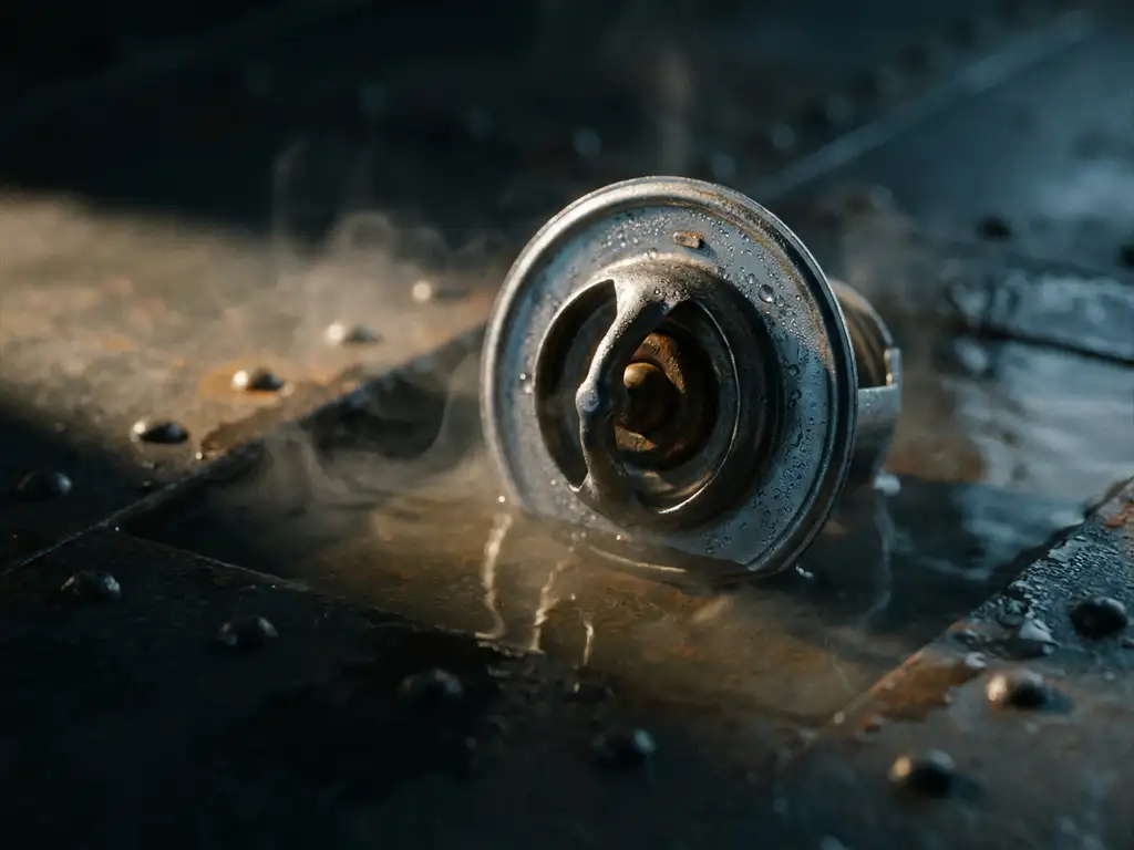 Precision thermostat component submerged in water on wet industrial steel, condensation droplets on metal housing with dramatic side lighting.