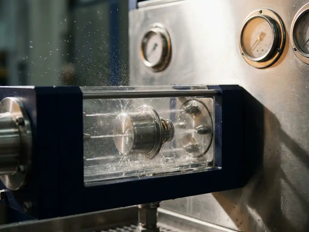 Precision thermostat component undergoing water jet ingress protection testing in a stainless steel chamber with industrial gauges.