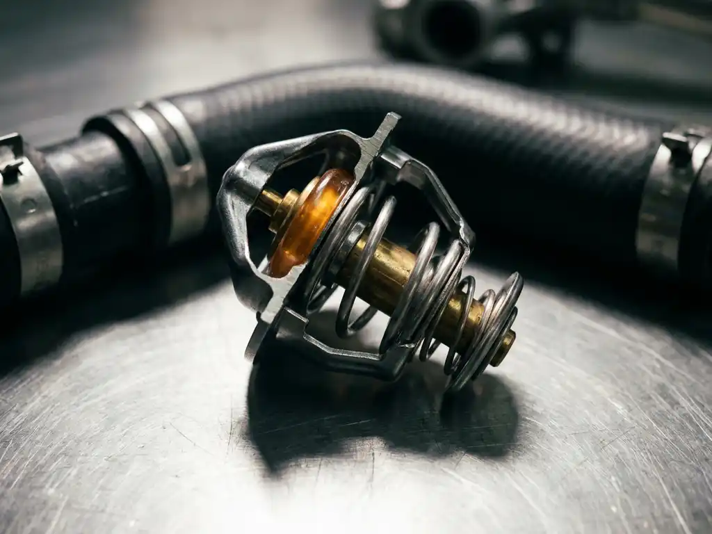 Cross-sectioned engine thermostat revealing wax element and machined metal housing, with coolant hose visible on steel surface.
