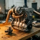Turbocharged engine block with intercooler pipes beside a precision thermostat on a workshop bench, lit by warm amber light.