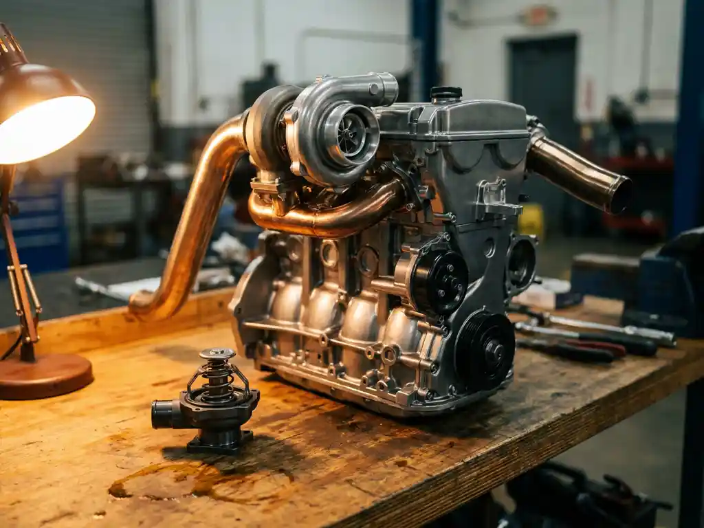 Turbocharged engine block with intercooler pipes beside a precision thermostat on a workshop bench, lit by warm amber light.