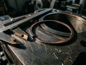 Worn piston ring on scored engine cylinder surface with metallic debris, caliper gauge alongside for scale, macro workshop lighting.