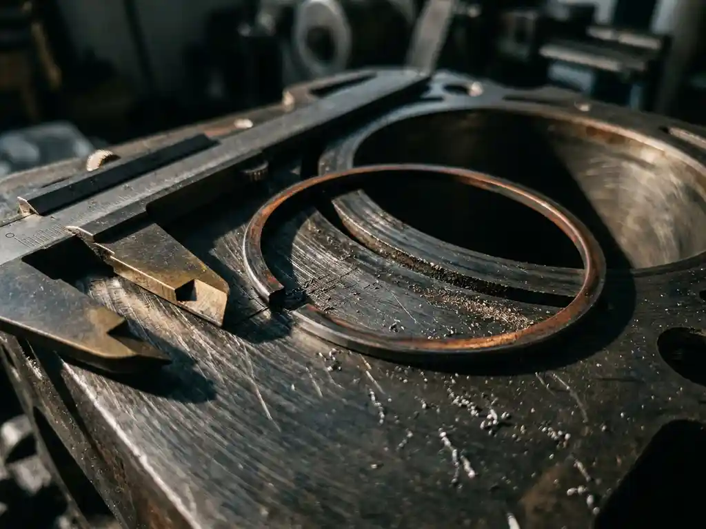 Worn piston ring on scored engine cylinder surface with metallic debris, caliper gauge alongside for scale, macro workshop lighting.