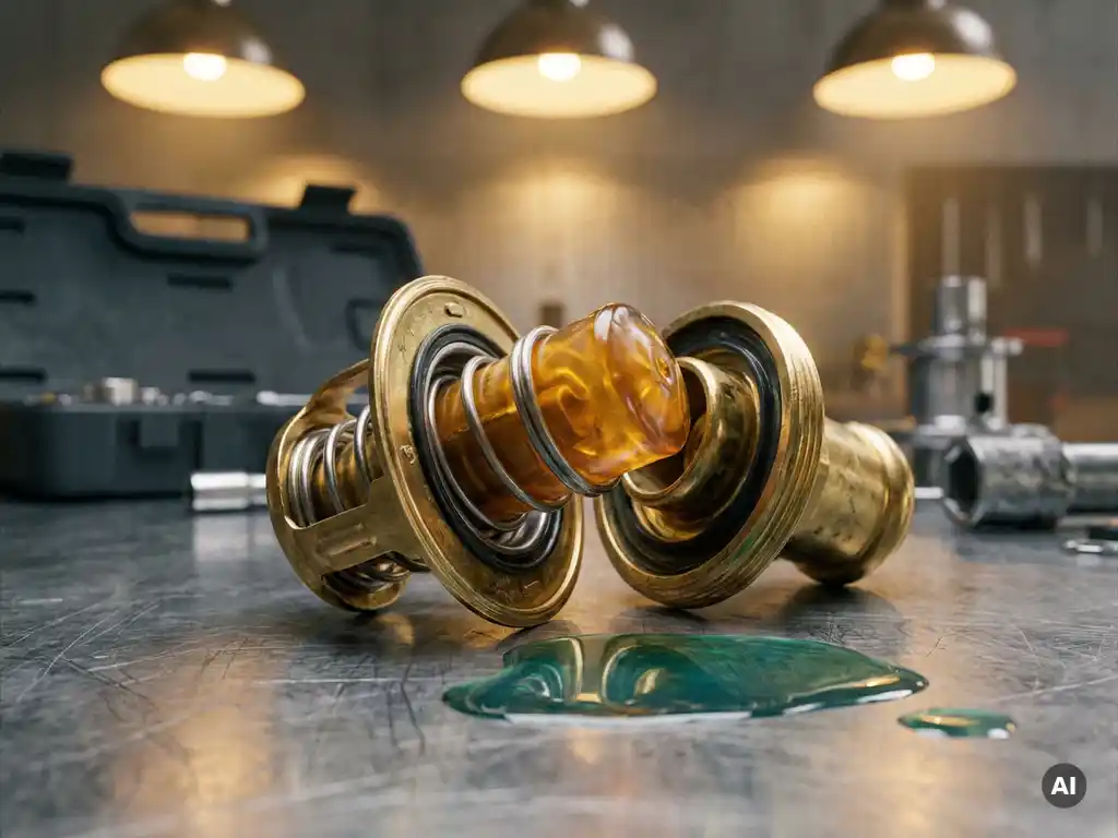 Cross-section of an automotive thermostat with expanded wax element inside brass housing, coolant pool on steel workshop surface.