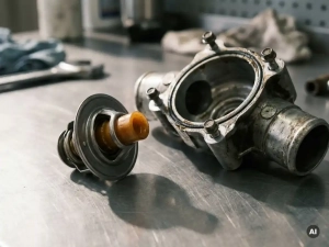 Cross-sectioned automotive thermostat exposing its waxy cylindrical element, placed beside a disassembled engine coolant housing on a steel workshop surface.