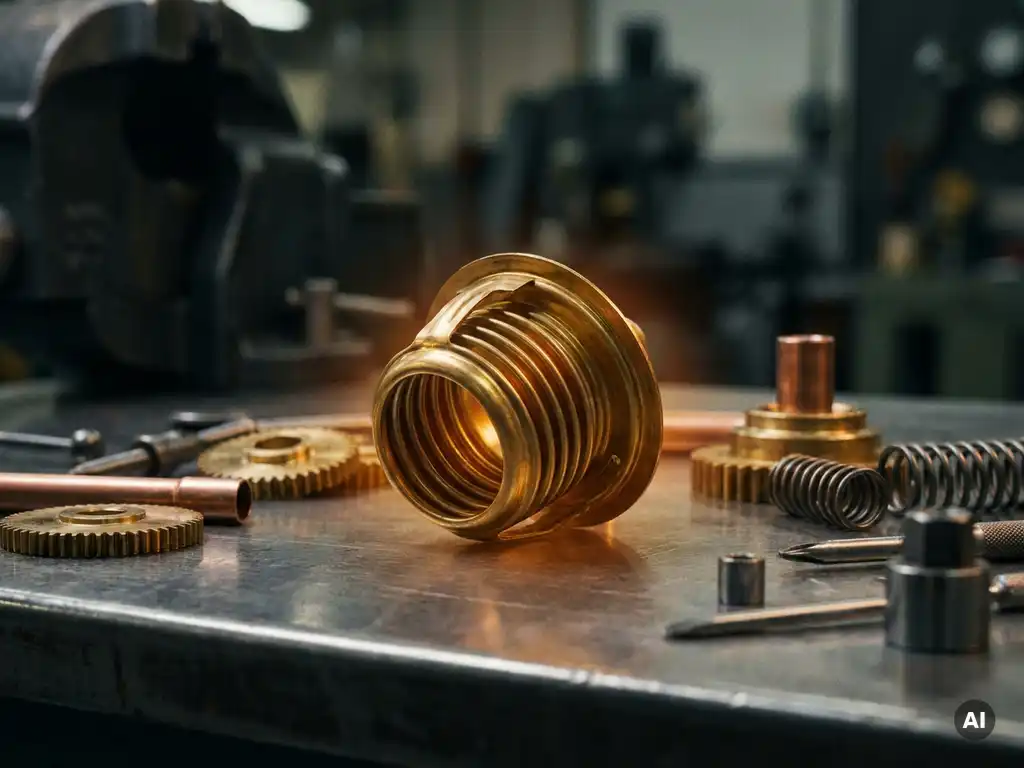 Brass thermostat bellows capsule mid-expansion on a polished steel workbench, surrounded by precision-machined components and copper fittings.