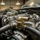 Polished brass thermostat housing centered in a disassembled engine bay, surrounded by coolant hoses and aluminum components.