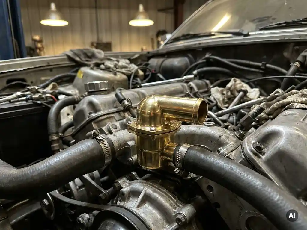 Polished brass thermostat housing centered in a disassembled engine bay, surrounded by coolant hoses and aluminum components.
