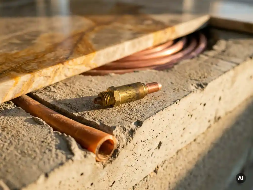 Brass wax pellet thermostat element on a cross-section of radiant floor heating pipe embedded in concrete screed beneath polished stone tile.