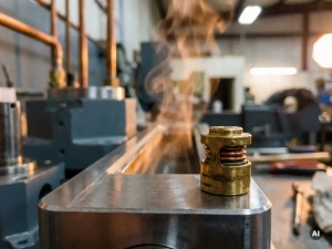 Brass wax pellet thermostat element on machined metal surface above engine coolant channel with heat shimmer visible.