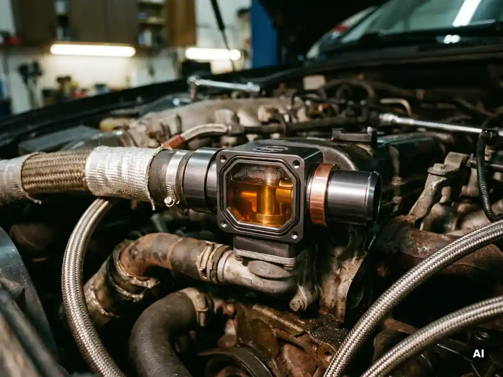 Precision thermostat housing mounted in an open engine bay, with amber coolant visible through a cutaway cross-section amid copper-toned hoses and pipes.