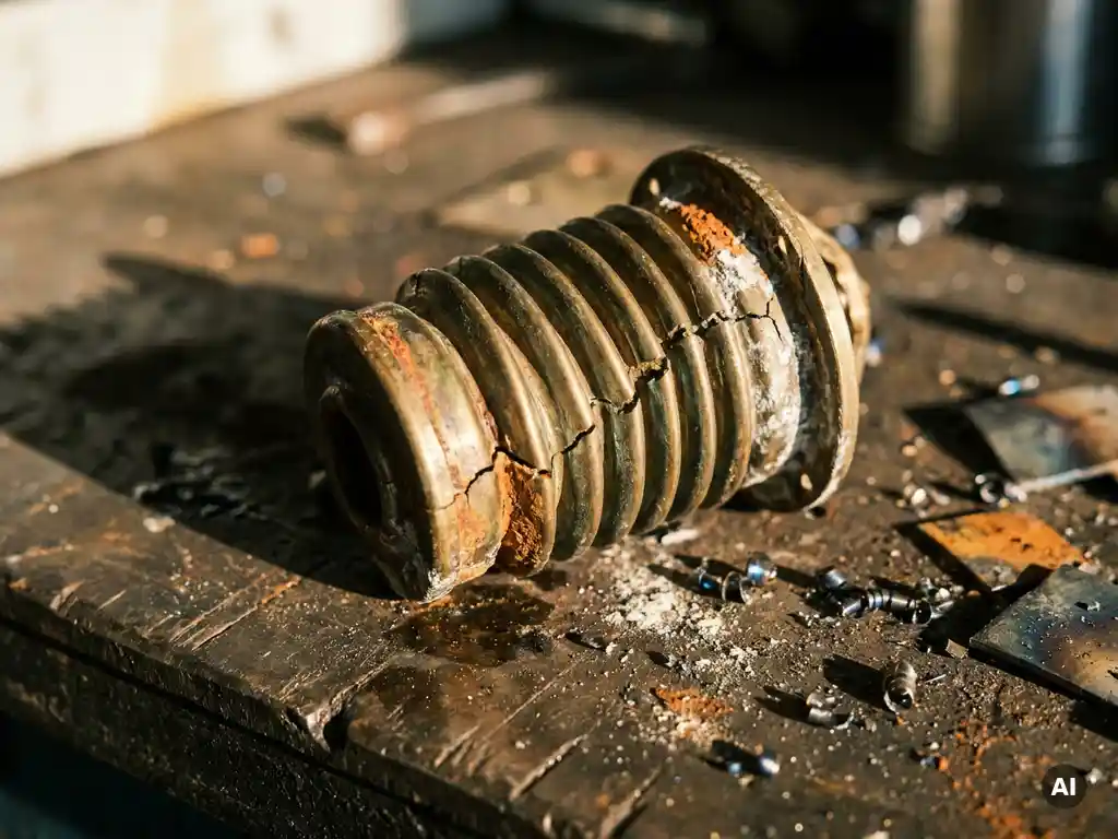 Corroded brass thermostat bellows with stress fractures and accordion-fold fatigue on a worn metal workshop surface, surrounded by mineral deposits.