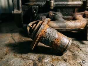 Corroded car engine thermostat valve with rust and exhaust residue on a grimy workshop surface.